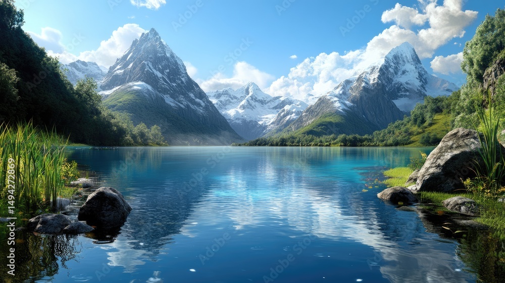 Poster tranquil lake surrounded by towering snow-capped mountains, clear reflections and soft natural light