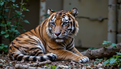 Obraz premium Majestic Tiger Resting in a Lush Green Environment with Water Droplets on Its Face