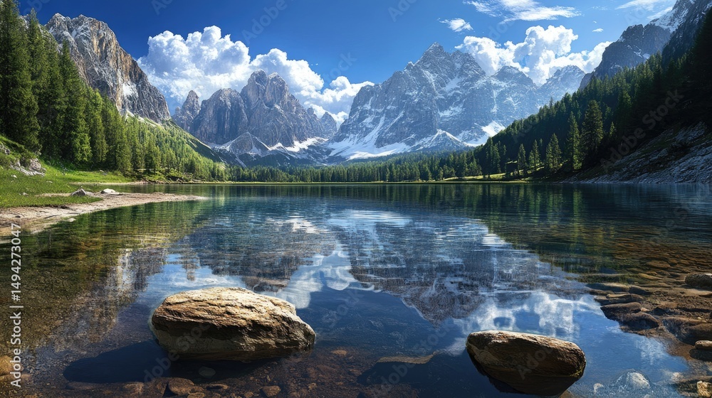 Poster tranquil lake surrounded by towering snow-capped mountains, clear reflections and soft natural light