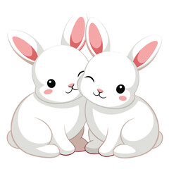 Two adorable white baby rabbits cuddle closely against a white background, one nuzzling the other's cheek a white background