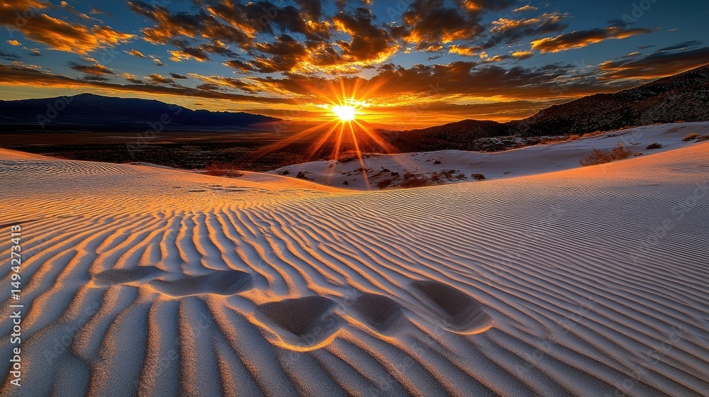 Aufkleber vast desert dunes under a dramatic orange sunset sky, smooth sand patterns with shadows creating nat