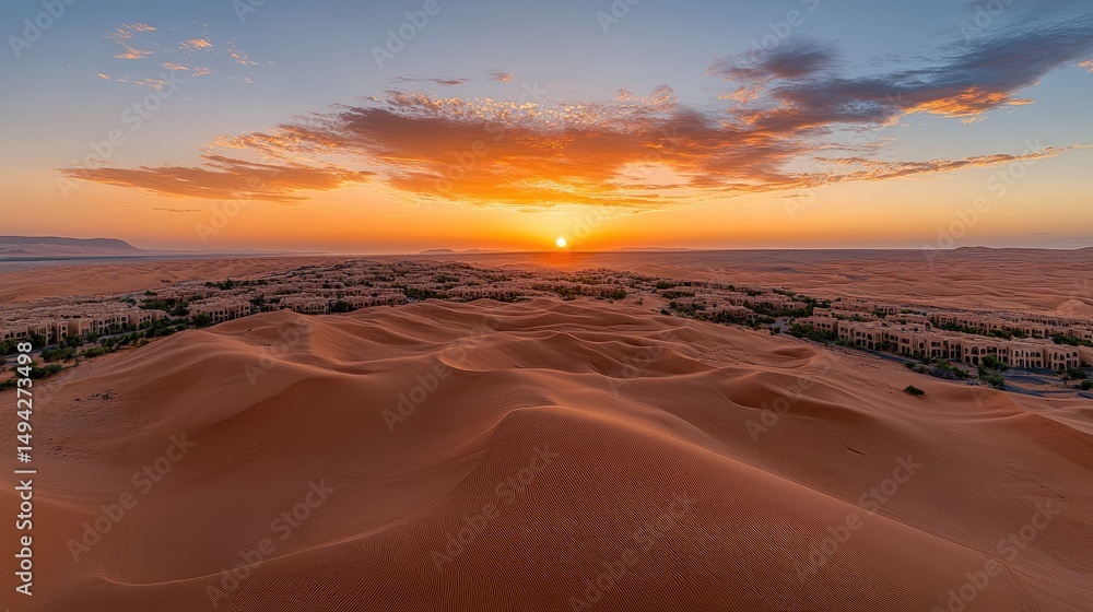 Poster vast desert dunes under a dramatic orange sunset sky, smooth sand patterns with shadows creating nat