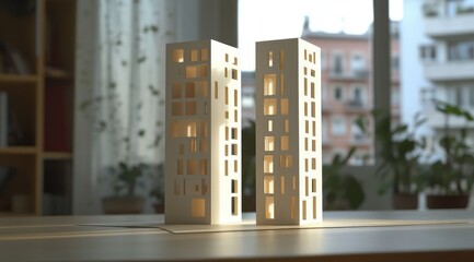 Two minimalist architectural models of tall buildings with cut-out windows, illuminated from within, sit on a table near a window