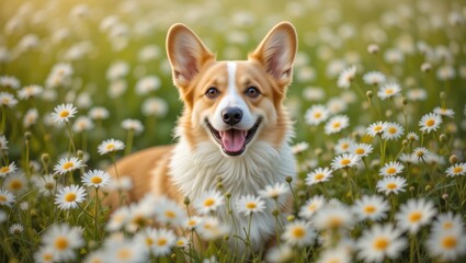 Playful Corgi Dog Smiling Amongst Daisies in a Sunlit Green Meadow
