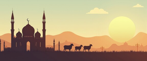 Eid al-Adha Mosque and Sheep Silhouette at Sunset Illustration