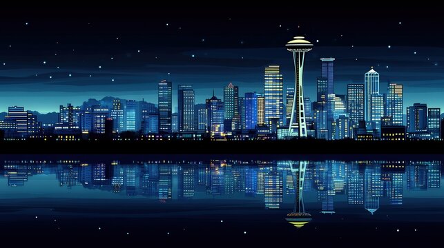 Nighttime Cityscape of Seattle with Reflections and Starry Sky