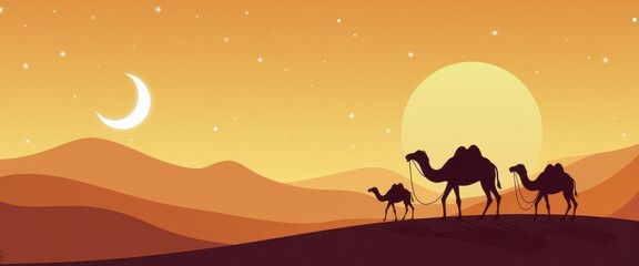 Desert Landscape with Camels and Crescent Moon at Sunset Illustration