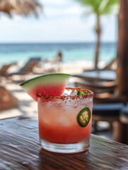 Obraz premium Beachside Ocean Restaurant Presents Watermelon Jalapeño Margarita for Guests