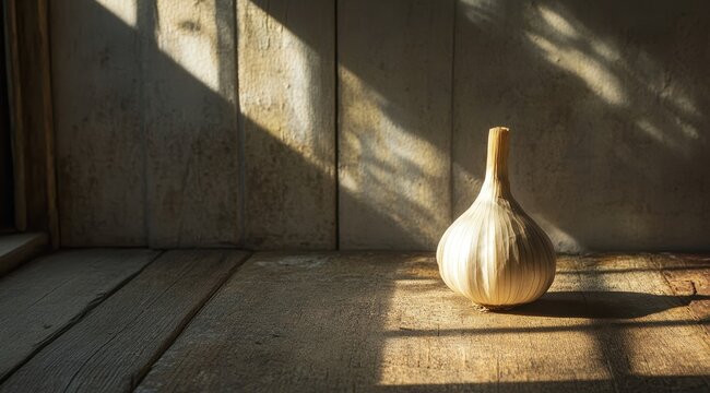 Single bulb of garlic sits on rustic wooden floor, bathed in sunlit diagonal shadows from a window - Powered by Adobe