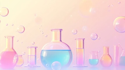 Colorful glass laboratory equipment with bubbles on a pastel gradient background in an abstract scientific setting
