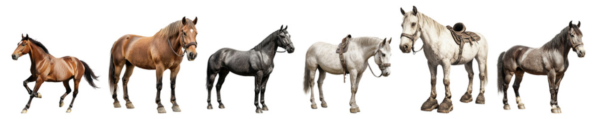 Obraz premium Diverse Group of Horses Standing Together in Various Colors and Breeds Isolated Transparent Background