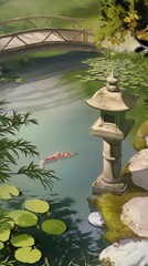 Tranquil Japanese Garden Pond with Bridge and Water Lilies Reflecting Peaceful Nature Ambiance