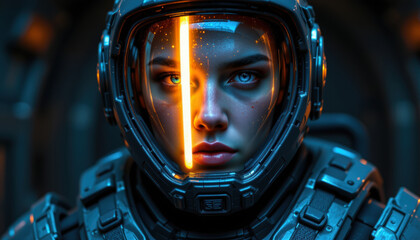 Futuristic portrait of female astronaut in high tech helmet, showcasing vibrant blue eyes and glowing visor. image conveys sense of adventure and exploration in space