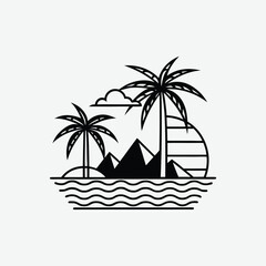 Minimalist Black and White Vector Illustration of Palm Trees, Ocean Waves, and Abstract Tropical Geometric Art
