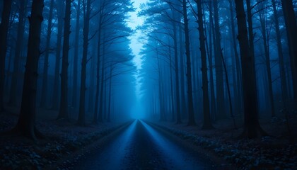 Blue Toned Mysterious Road Through Foggy Autumn Forest with High Trees for Atmospheric Nature Scene








