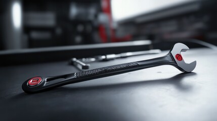 Black wrench on workshop bench, tools blurred background, repair