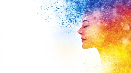 Serene woman, colorful energy, white background, peaceful meditation, wellness concept