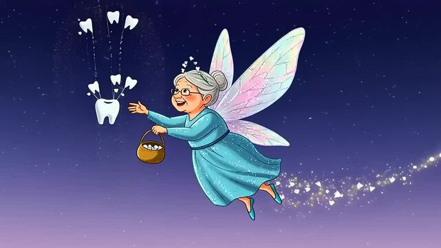 A whimsical fairy with wings joyfully flying at night, collecting lost teeth under a starry sky