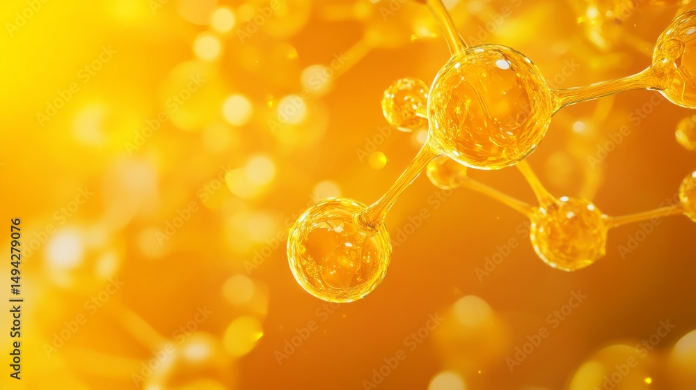 Poster abstract yellow molecular structure with interconnected nodes and bonds on dark background for scien