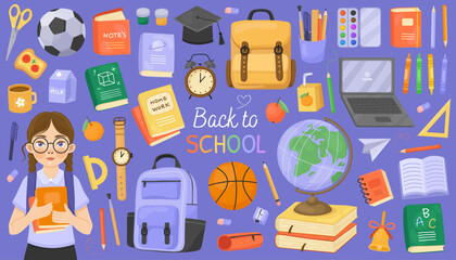 Back to school collection, colorful cute illustrations. Set of school supplies and girl student. Globe, backpack, books, watches, notebooks, pencils, laptop. Blue background. 