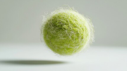 A lime-green tennis ball, fuzzy with long, light-colored strands, hovers in front of a neutral background