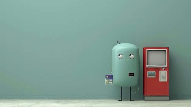 Cartoonish robot ATM against a muted teal wall