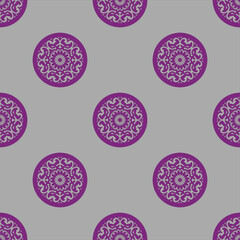 Seamless wallpapers, round damas, gray surfaces, purple flowers, vector patterns