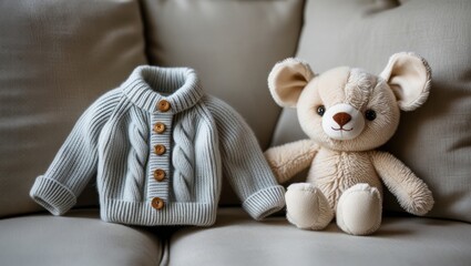 Fototapeta premium A tiny sweater and next to it there is soft plush toy arranged neatly on a cushion