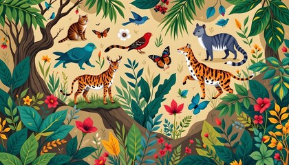 Obraz premium the image is a vibrant illustration that captures a lively scene in a jungle setting