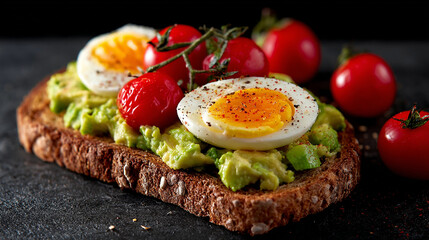 Avocado toast recipe with egg and tomatoes a healthy breakfast or brunch idea for food blog and social media