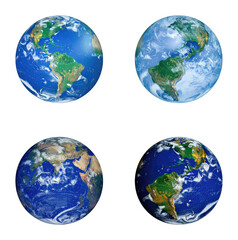 Vibrant Earth Sphere in Four Views Displaying Global Details, Isolated on Transparent Background