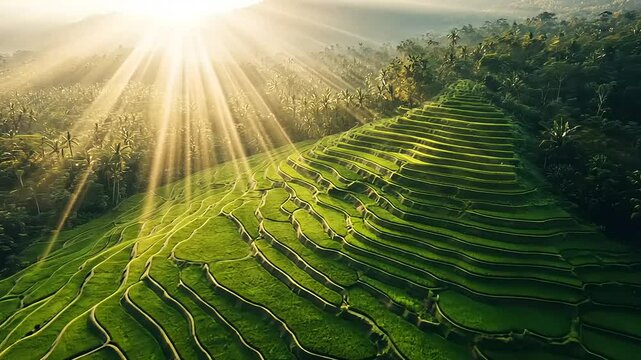 Lush green rice terraces cascade down a hillside, bathed in golden sunlight. Palm trees dot the surrounding landscape