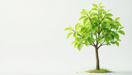 Fototapeta premium Single young tree, delicate leaves, white backdrop, growth, small