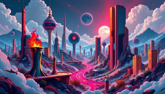 a futuristic cityscape at night, characterized by a collection of towering buildings with unique architectural designs that suggest advanced technolog