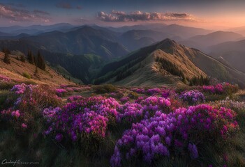Majestic Mountaintop Rhododendron Bloom at Sunset