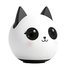 Cute, round robot designed to resemble panda with large, expressive eyes, black ears, and small smiling mouth, perfect