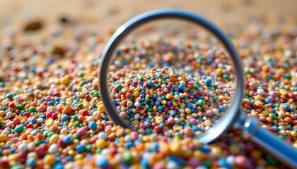 a magnifying glass superimposed over a vibrant display of multicolored beads or pellets.