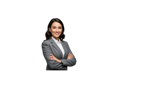 Professional woman in suit smiling portrait for business leadership and career development resources on transparent background - Powered by Adobe