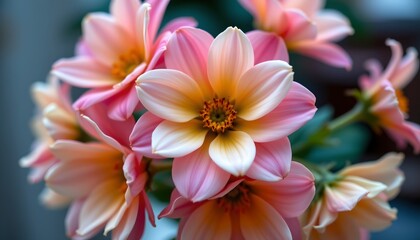 Fototapeta premium a bouquet of vibrant, peach colored flowers with yellow centers in full bloom.