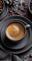 Dark Grey Coffee Cup On Dark Grey Plate