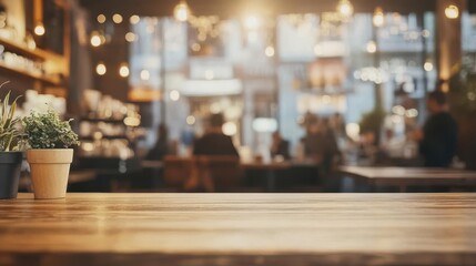Common settings of cafe interior with a wooden table and a blurry background