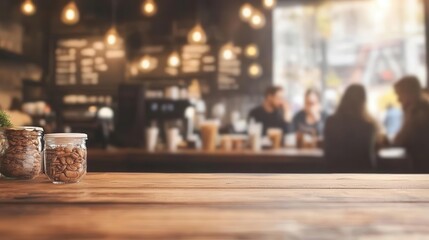 Common settings of cafe interior with a wooden table and a blurry background