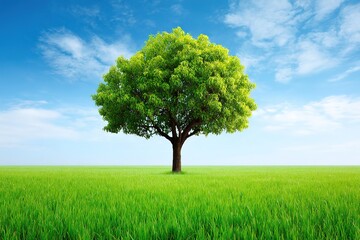 Fototapeta premium Single Tree In A Green Field Under A Clear Sky