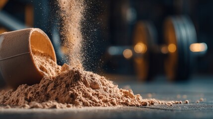 Protein powder falling on balanced meal with nutritional focus
