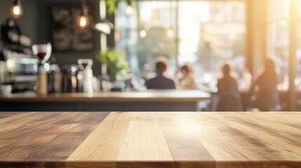 Common settings of cafe interior with a wooden table and a blurry background