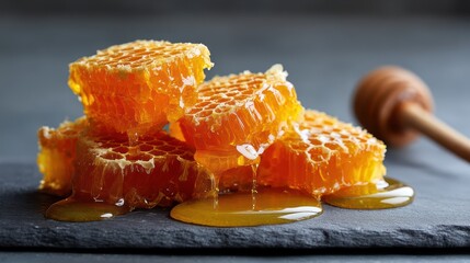 Macro of Honey Oozing from Open Honeycomb