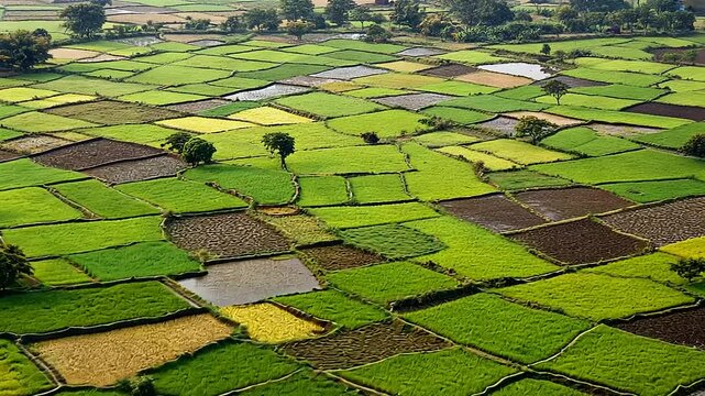 Aerial view of patchwork green and gold fields separated by earthen embankments, scattered trees