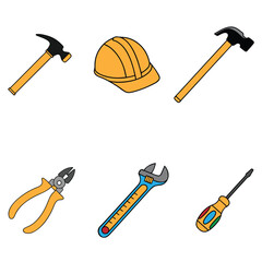 Construction worker, helmet, screwdriver, hammer, saw, wrench, paint Roller, icon, logo, pliers repairman thumb up banner, safety first, health and safety, vector illustrator
