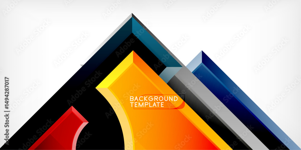 Poster Abstract geometric design. Overlapping shapes create dynamic visual effect. Bright colors contrast with dark background. Modern template.