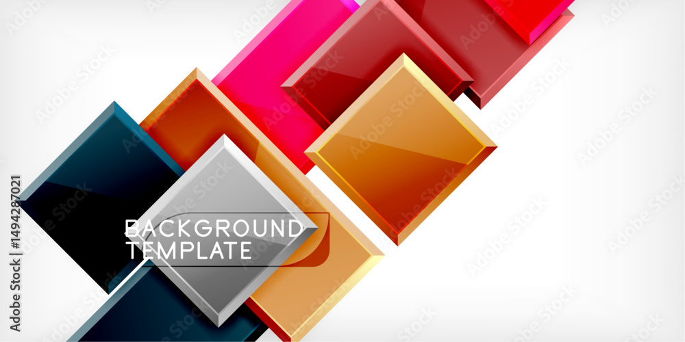 Poster Abstract geometric design. Glossy squares overlap, creating dynamic composition. Colors range from gold to deep blues, reds. Modern template.
